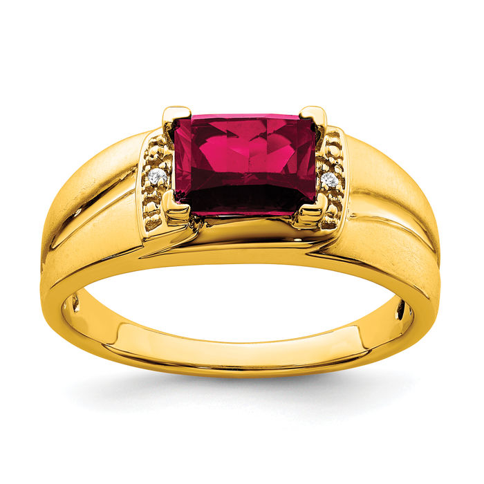 14K Solid Yellow Gold Emerald-cut Lab Ruby Diamond Mens Ring - Picture 11 of 36
