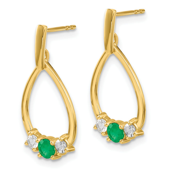 14K Solid Yellow Gold Green Emerald White Sapphire Post Drop Dangle Earrings