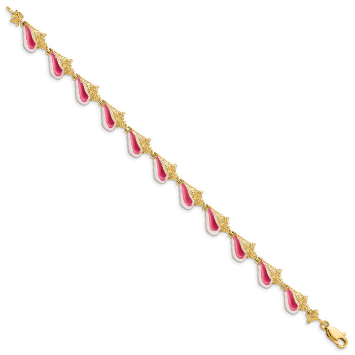 14K Solid Yellow Gold Conch Shell Chain Charm Bracelet