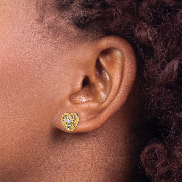 14K Solid Yellow Gold Antique Filigree Holy Cross Heart Stud Drop Dangle Christian Religious Earrings