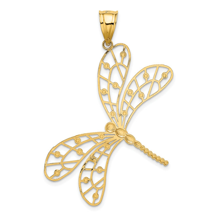 14K Solid Yellow Gold Antique Filigree Dragonfly Necklace Chain Pendant Charm