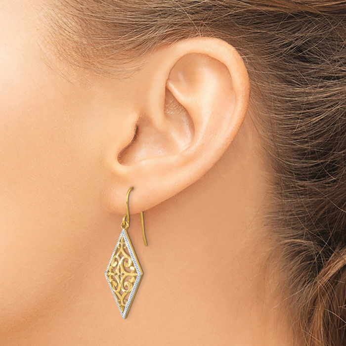 14K Solid Yellow Gold Antique Filigree Drop Dangle Earrings