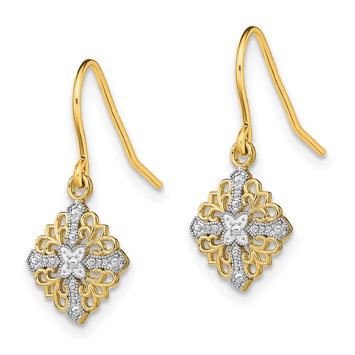 14K Solid Yellow Gold Antique Filigree Wire Drop Dangle Earrings
