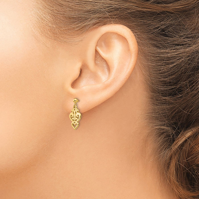 14K Solid Yellow Gold Antique Filigree Heart Post Drop Dangle Earrings