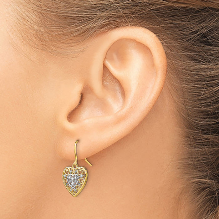 14K Solid Yellow Gold Antique Filigree Heart Drop Dangle Earrings