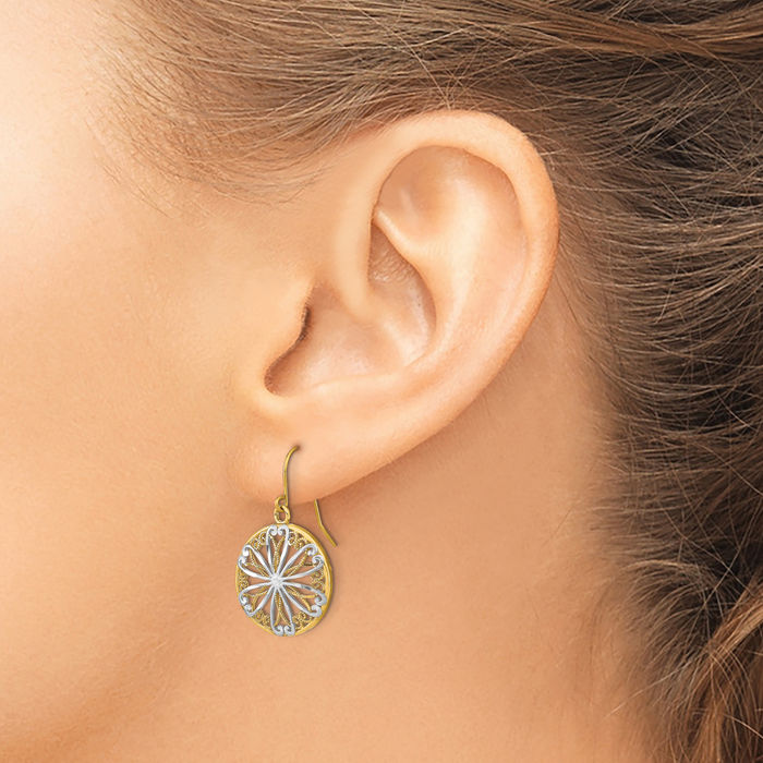 14K Solid Yellow Gold Antique Filigree Medallion Drop Dangle Earrings