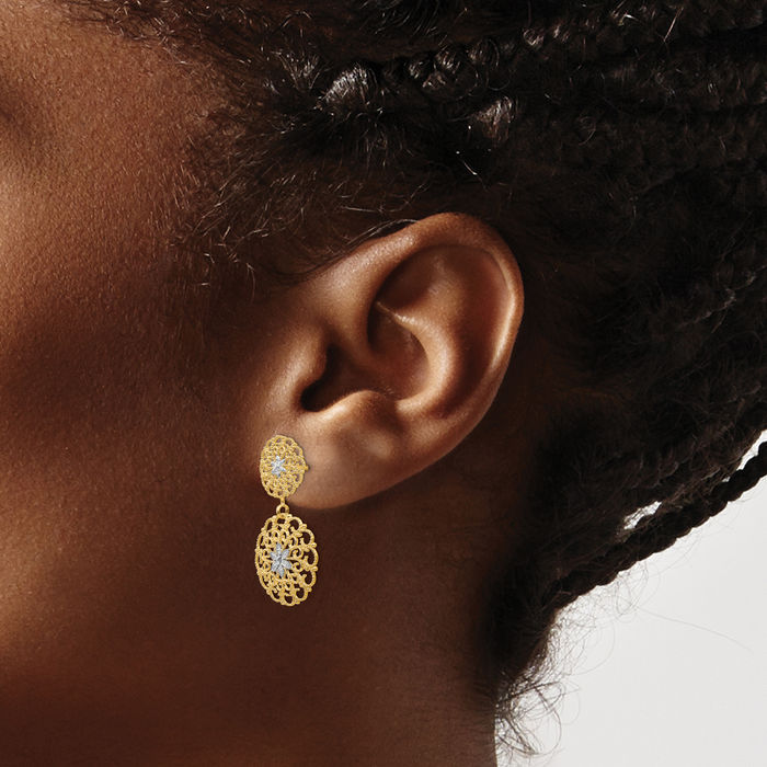 14K Solid Yellow Gold Antique Filigree Medallion Drop Dangle Earrings