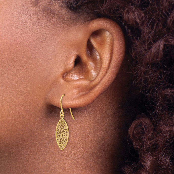 14K Solid Yellow Gold Antique Filigree Teardrop Drop Dangle Earrings