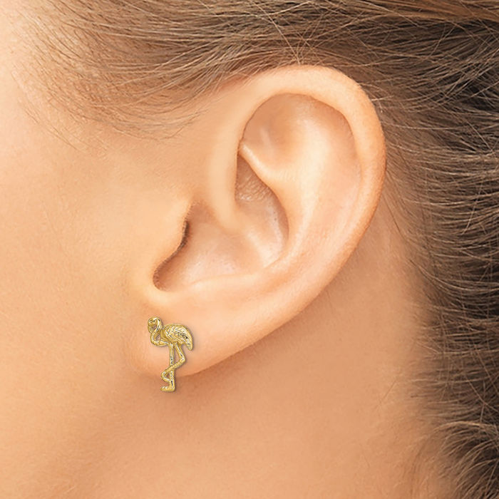 14K Solid Yellow Gold Flamingo Studs Summer Beach Earrings Tropical Bird Jewelry