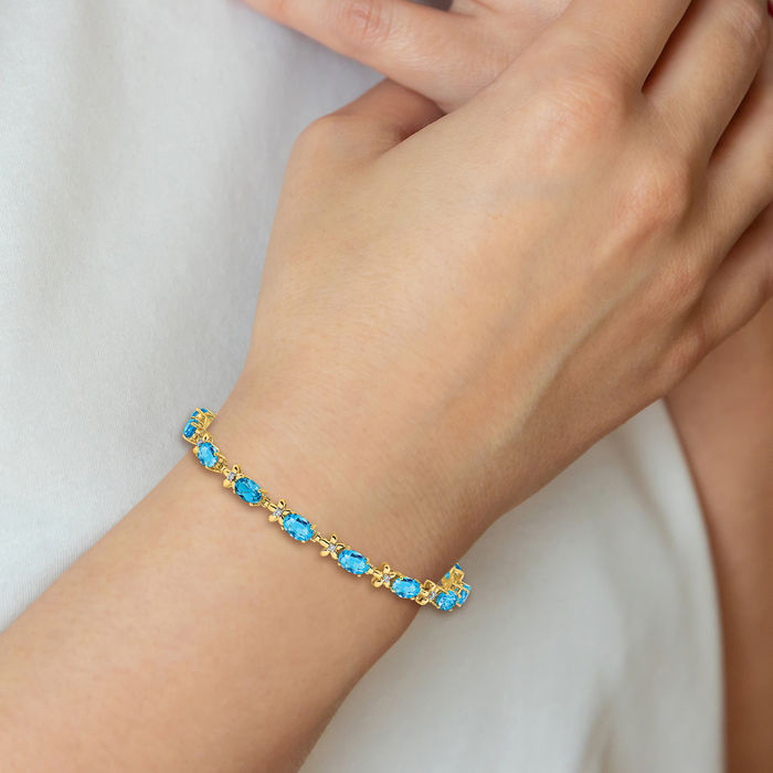 14K Solid Yellow Gold Flower Diamond Swiss Blue Topaz Chain Tennis Charm Bracelet