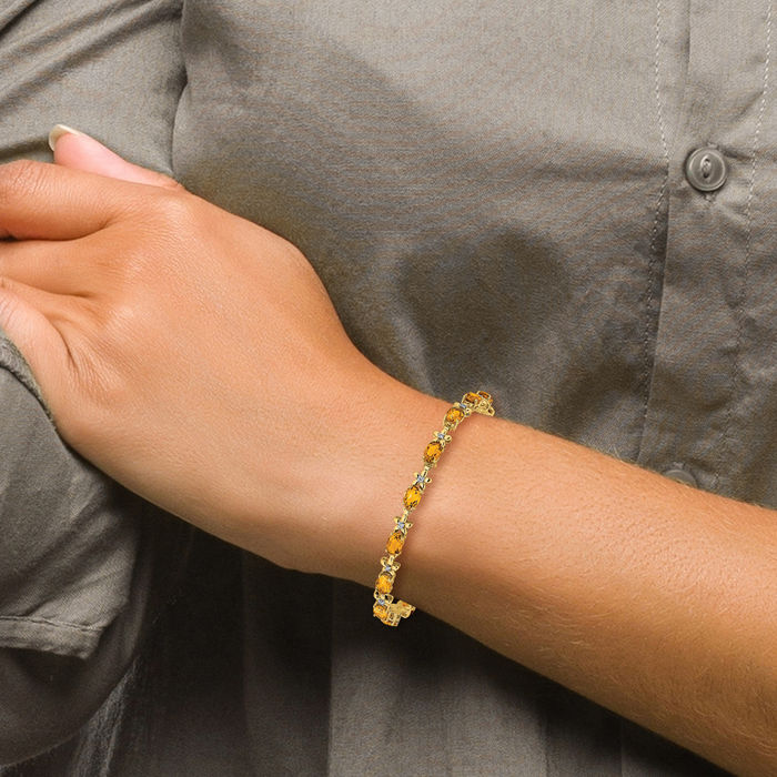 14K Solid Yellow Gold Flower Diamond Orange Citrine Chain Tennis Charm Bracelet