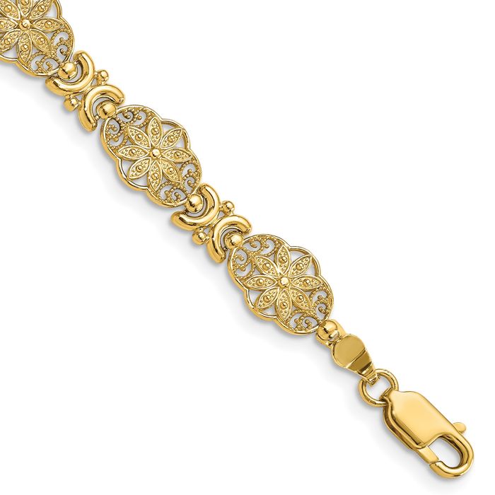 14K Solid Yellow Gold Flower Link Chain Bracelet