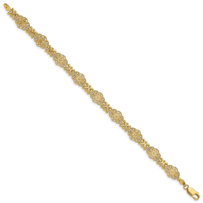 14K Solid Yellow Gold Flower Link Chain Bracelet