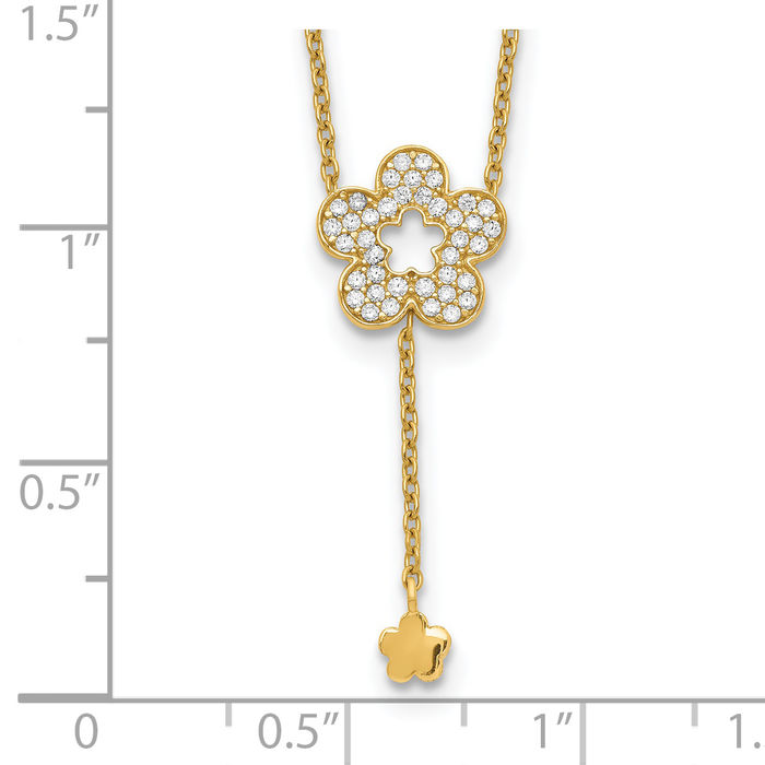 14K Solid Yellow Gold Flower CZ Chain Necklace