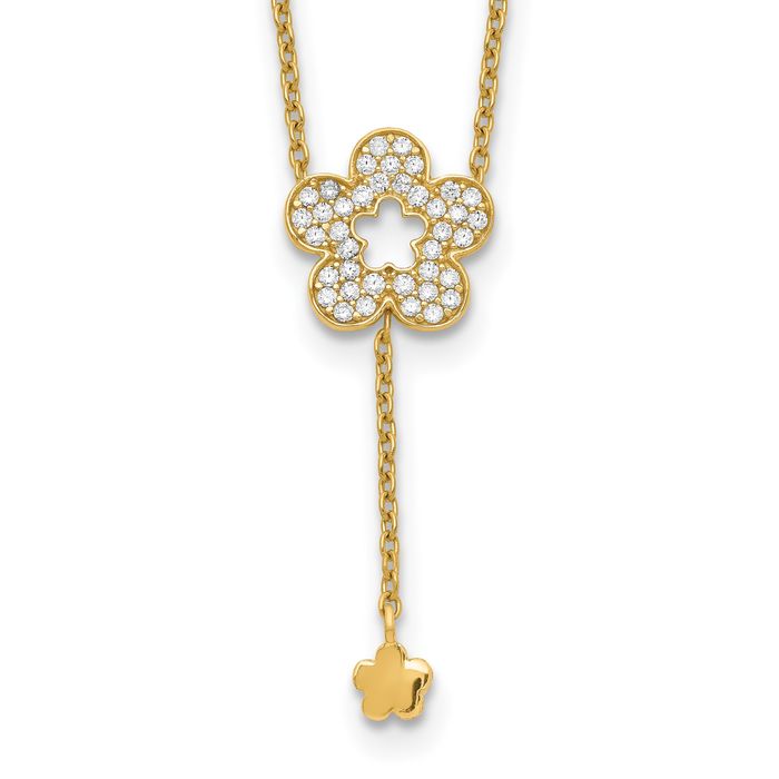 14K Solid Yellow Gold Flower CZ Chain Necklace