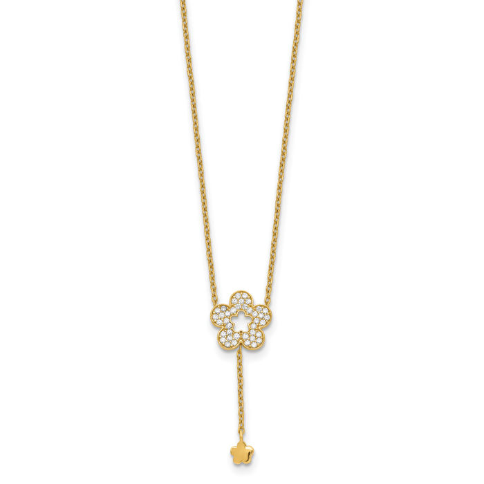 14K Solid Yellow Gold Flower CZ Chain Necklace