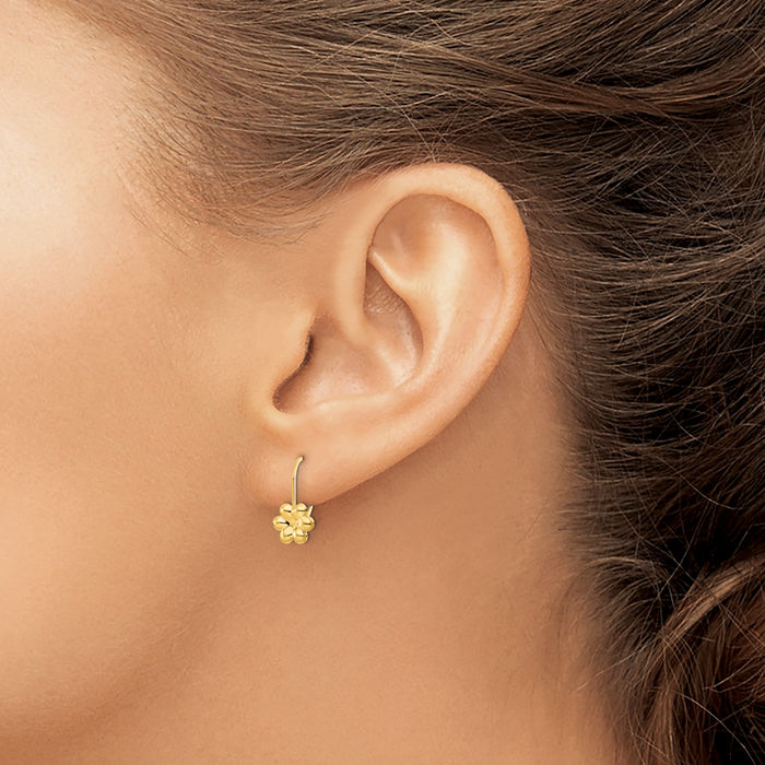 14K Solid Yellow Gold Flower Drop Dangle Earrings