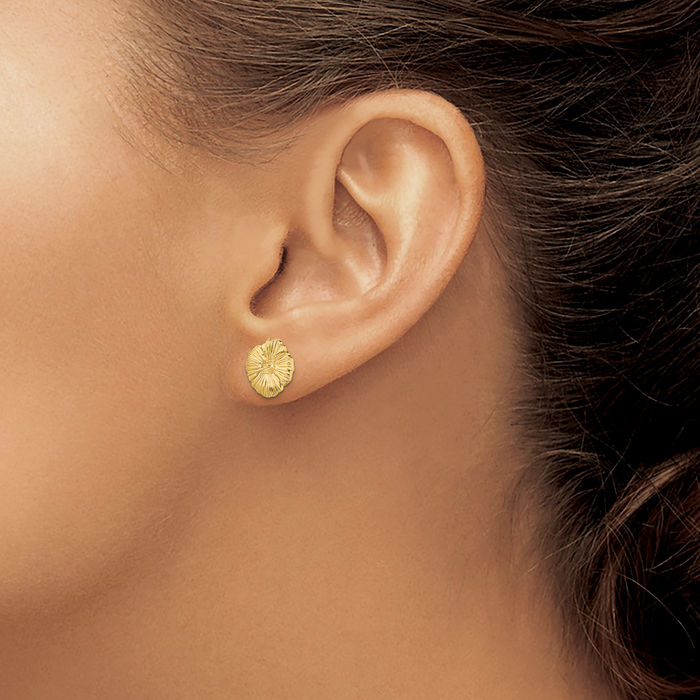 14K Solid Yellow Gold Flower Stud Earrings