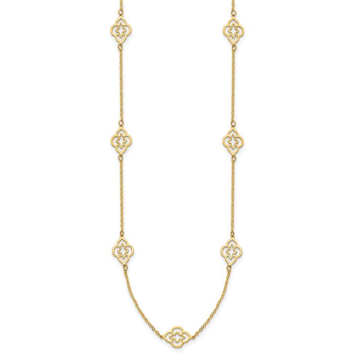 14K Solid Yellow Gold Flower Station Necklace Chain