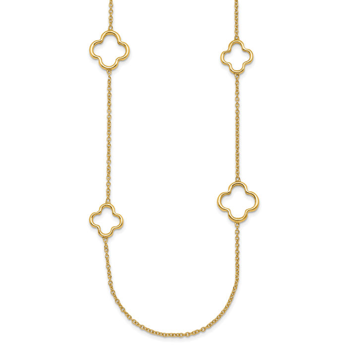 14K Solid Yellow Gold Flower Station Necklace Chain