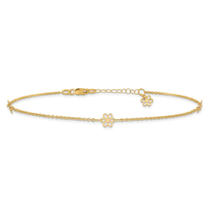 14K Solid Yellow Gold Flowers Anklet Summer Beach Foot Ankle Bracelet