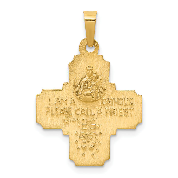 14K Solid Yellow Gold Four Way Holy Cross Religious Medal Necklace Christian Pendant Scapular Charm