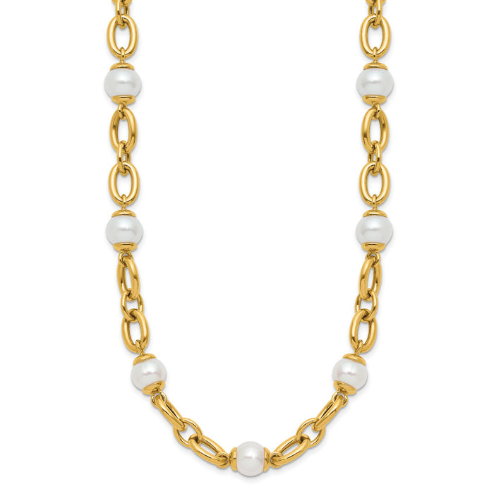 14K Solid Yellow Gold Freshwater Cultured Pearl Link Necklace Chain