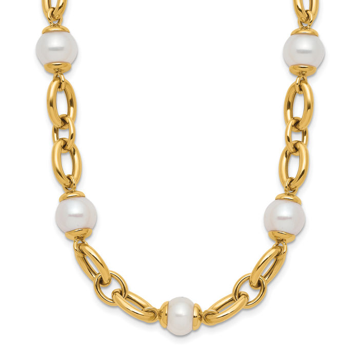 14K Solid Yellow Gold Freshwater Cultured Pearl Link Necklace Chain