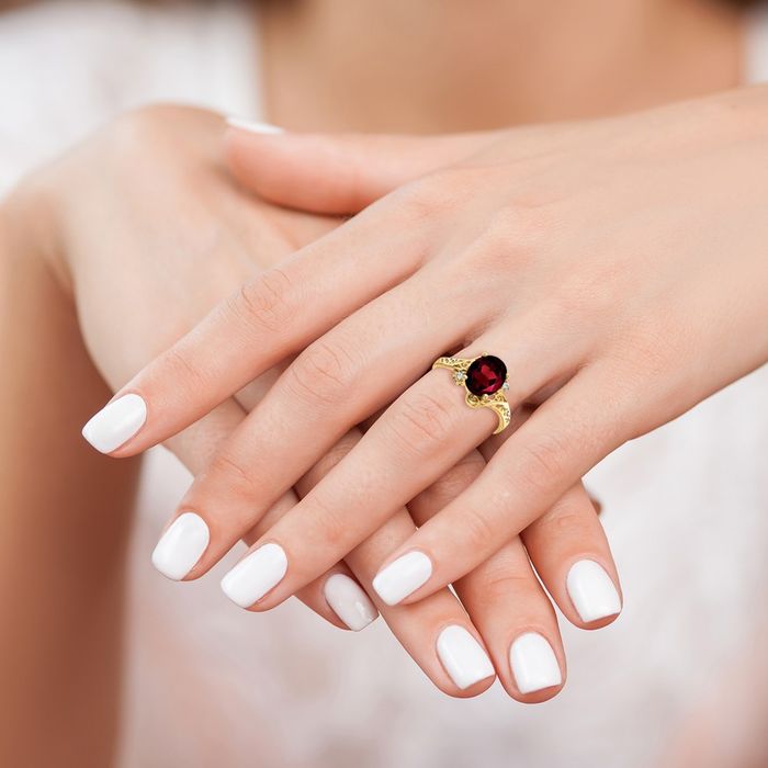 14K Solid Yellow Gold Red Garnet Diamond Ring Gemstone Band January Birthstone Jewelry