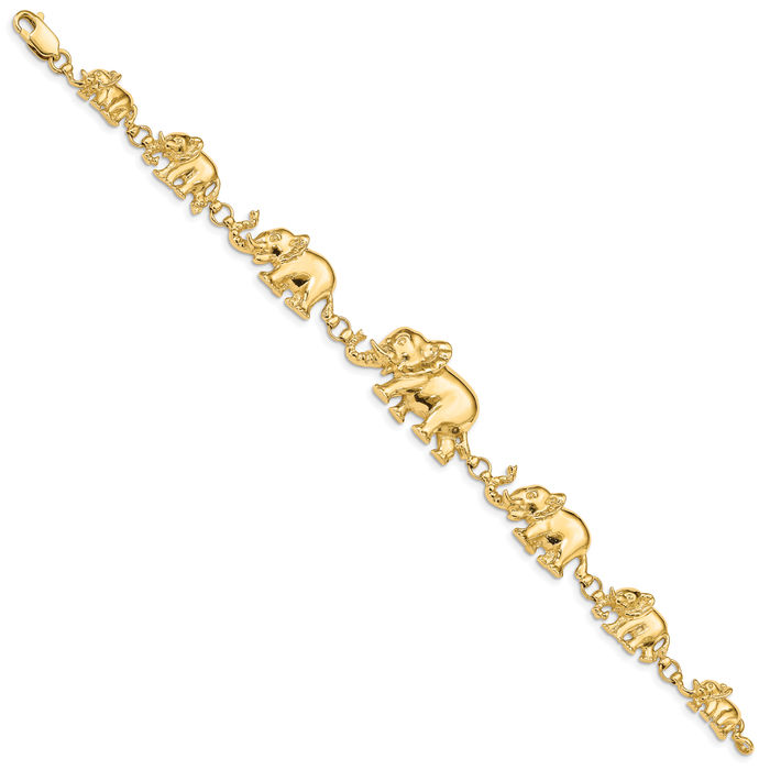 14K Solid Yellow Gold Graduated Elephant Chain Charm Bracelet