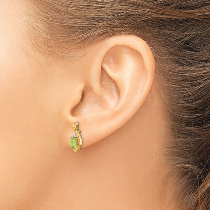 14K Solid Yellow Gold Green Peridot Diamond Drop Dangle Earrings August Birthstone Jewelry