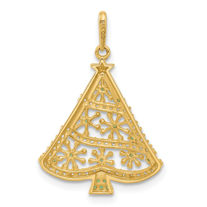 14K Solid Yellow Gold Green White Cubic Zirconia CZ Christmas Tree Necklace Chain Pendant Charm