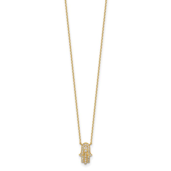 14K Solid Yellow Gold Hamsa Hand of Fatima Good Luck Evil Eye Protection Cubic Zirconia CZ Necklace Chain