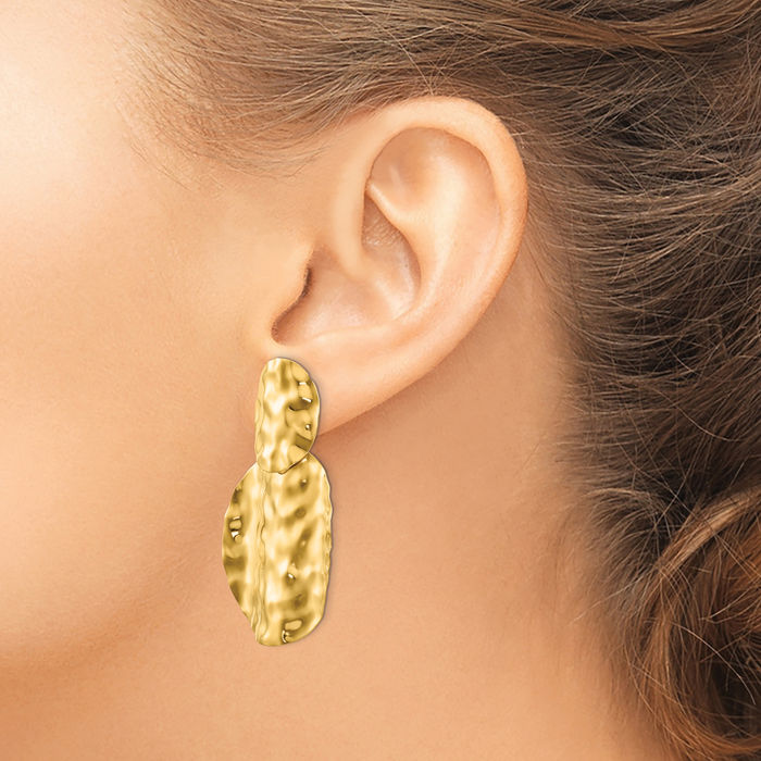 14K Solid Yellow Gold Hammered Drop Dangle Earrings