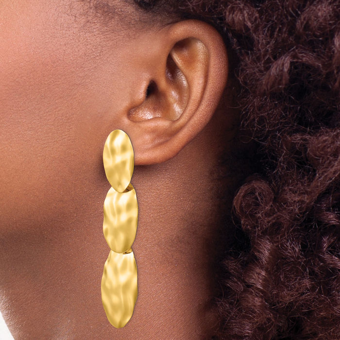 14K Solid Yellow Gold Hammered Drop Dangle Earrings