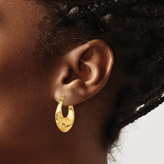 14K Solid Yellow Gold Hammered Oval Medium Hoop Earrings