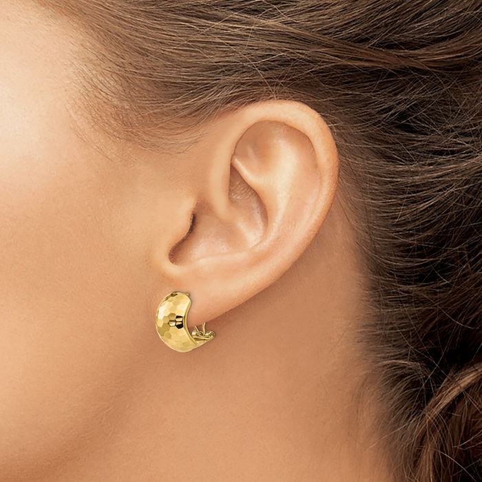 14K Solid Yellow Gold Hammered Omega Clip Back Post Stud Earrings