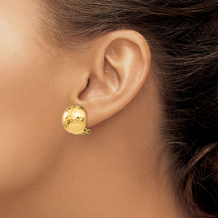 14K Solid Yellow Gold Hammered Omega Clip Back Post Stud Earrings