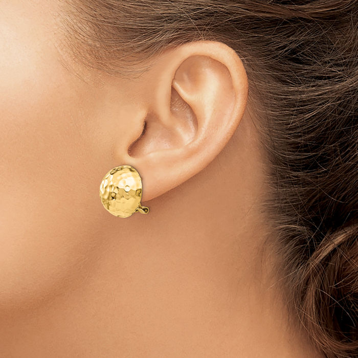 14K Solid Yellow Gold Hammered Omega Clip Back Post Stud Earrings
