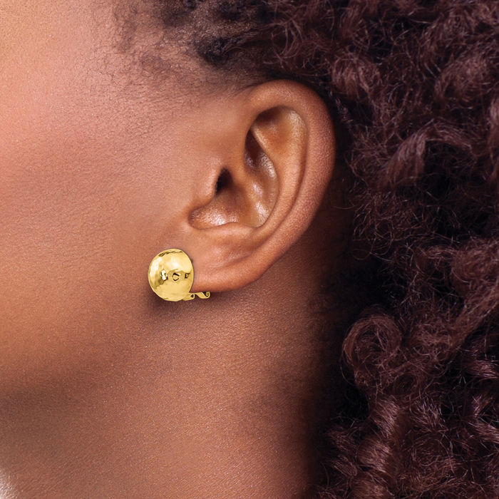 14K Solid Yellow Gold Hammered Omega Clip Back Post Stud Earrings