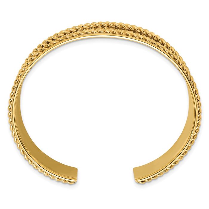 14K Solid Yellow Gold Hammered Rope Edge 22mm Cuff Bracelet