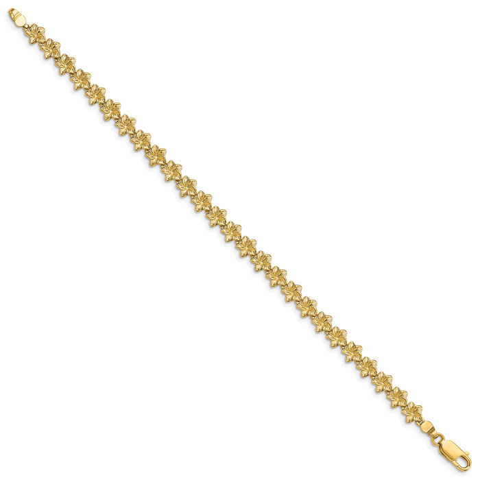 14K Solid Yellow Gold Hawaiian Plumeria Flower Chain Charm Bracelet