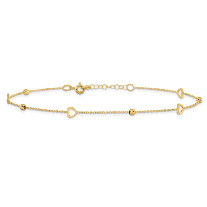 14K Solid Yellow Gold Heart Anklet Summer Beach Foot Ankle Bracelet