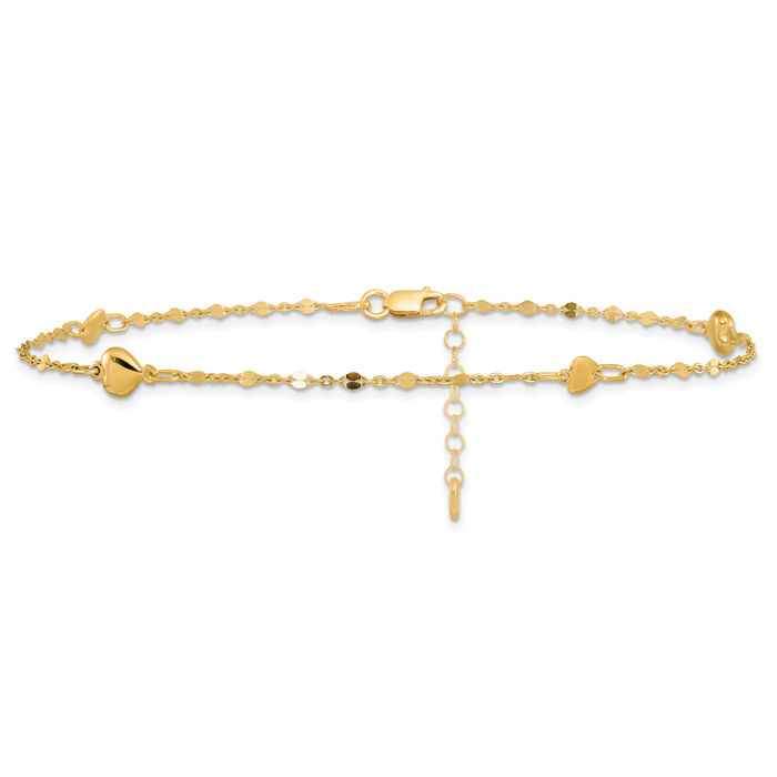 14K Solid Yellow Gold Heart Anklet Summer Beach Foot Ankle Bracelet