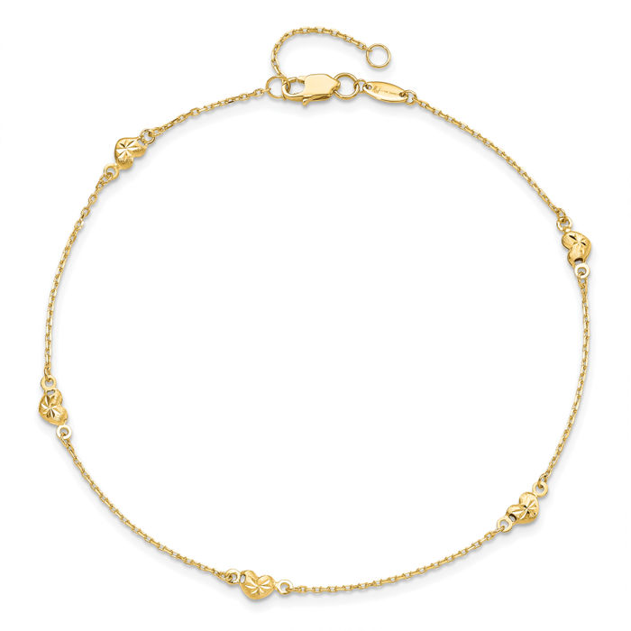 14K Solid Yellow Gold Heart Anklet Summer Beach Foot Ankle Bracelet