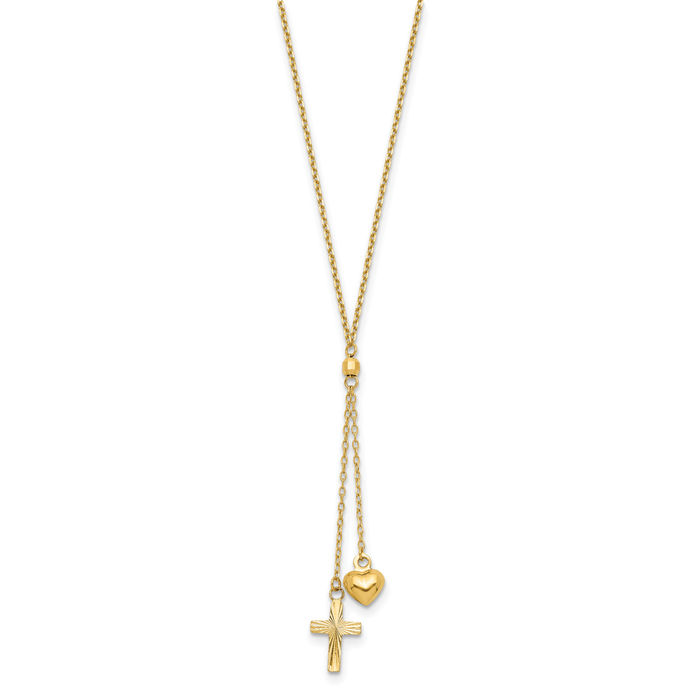 14K Solid Yellow Gold Heart Holy Cross Graduated Chain Necklace