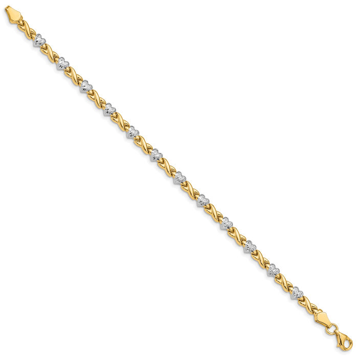 14K Solid Yellow Gold Heart Hearts Kisses Hugs Chain Charm Bracelet