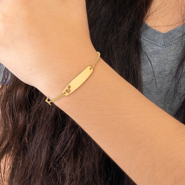 14K Solid Yellow Gold Heart Name Bar Identification ID Bracelet