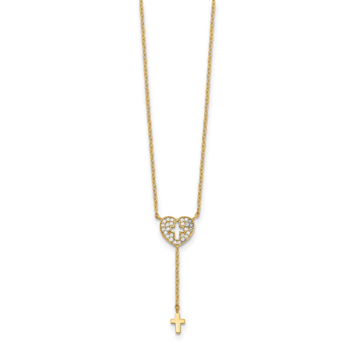 14K Solid Yellow Gold Heart Cross Cubic Zirconia CZ Chain Necklace