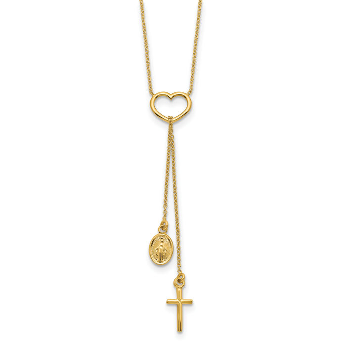 14K Solid Yellow Gold Heart Dangling Holy Cross Religious Medal Chain Necklace